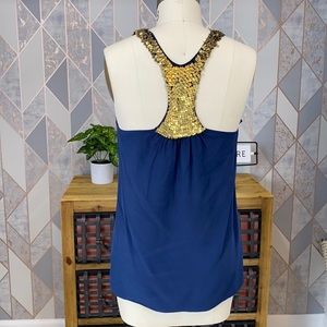 BCBG navy embellished silk top